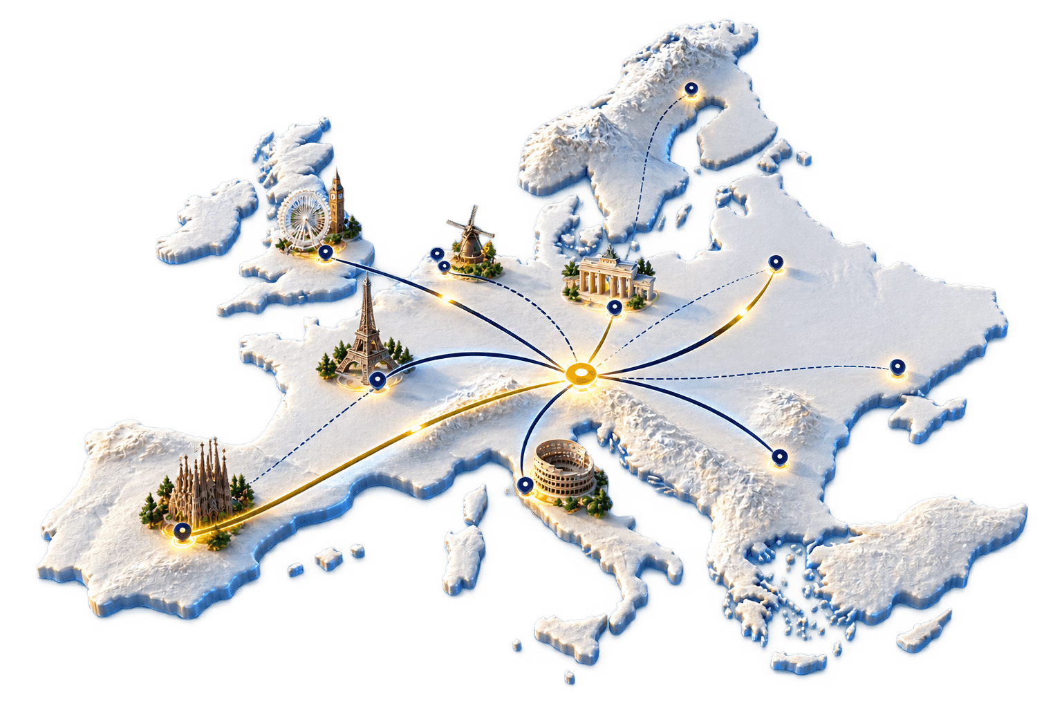 Illustrated map of Europe representing ProNex express transport across European borders